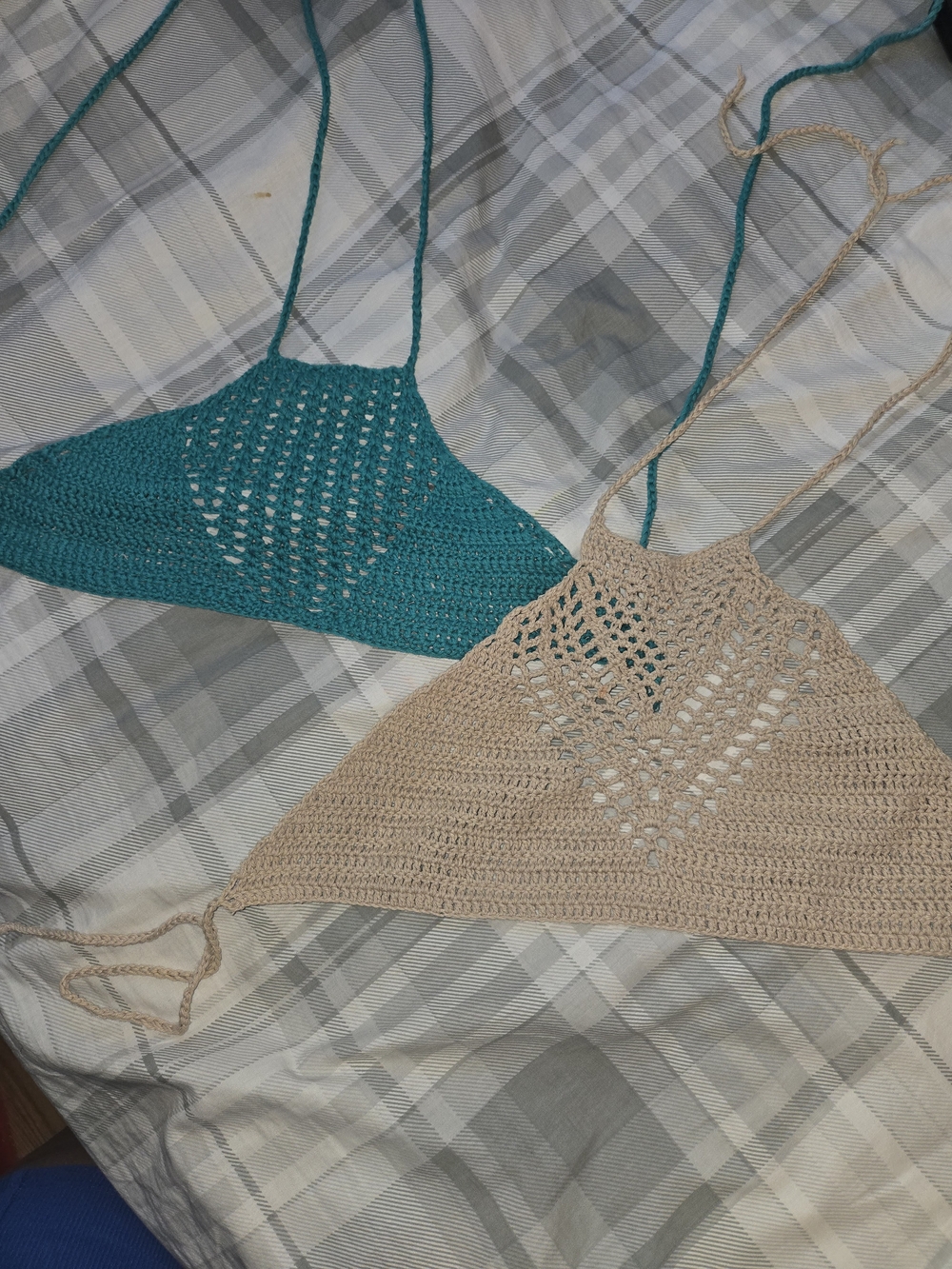 Handmade Crochet Triangle Halter Tops - Teal & Beige